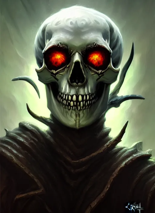 Image similar to a _ fantasy _ style _ portrait _ painting _ of skull head lich, dnd, wicked, oil _ painting _ unreal _ 5 _ daz. _ rpg _ portrait _ extremely _ detailed _ artgerm _ greg _ rutkowski _ greg