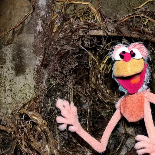 Prompt: a moldy decaying muppet covered in fungus