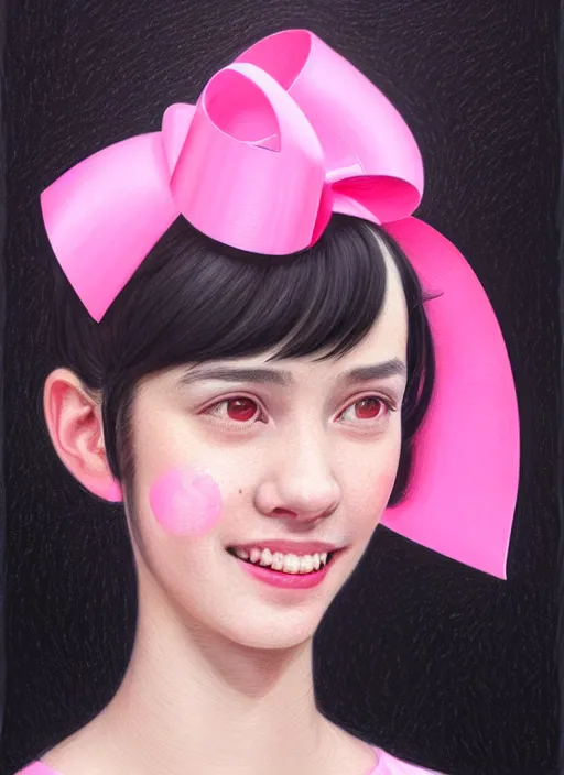 Image similar to portrait of high school girl, realistic, black hair, bangs, half updo hairstyle, pointy nose, skinny, smile, ugly, defined jawline, big chin, pink hair bow, earrings, intricate, elegant, glowing lights, highly detailed, digital painting, artstation, sharp focus, illustration, art by wlop, mars ravelo and greg rutkowski