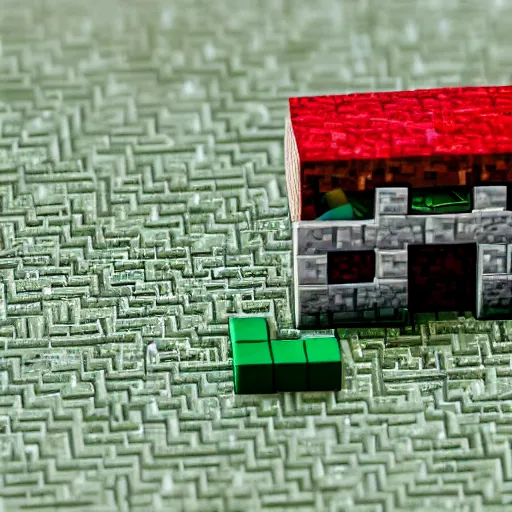 Image similar to macro photo of a miniature ho scale aesthetic minecraft house figure, taken with canon 8 0 d, canon 1 0 0 mm f / 2. 8