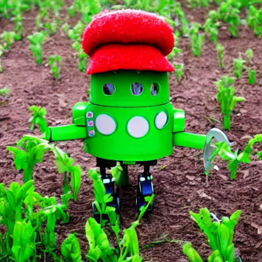 Prompt: cute robot made of plants wearing tomato hat and a chive sword, shoujo shuumatsu ryoku style