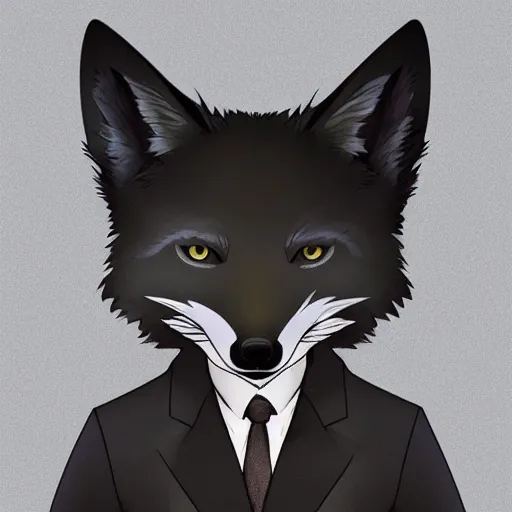 Prompt: close up of an anthro male black fox furry wearing an elegant suit, Studio Ghibli style, modern anime art