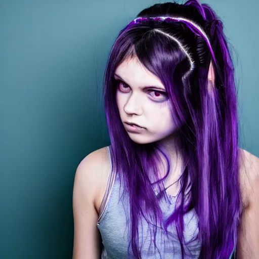 Prompt: detailed photo portrait of a furious teen girl with thin, hair-like purple tentacles on her head and bright purple eyes, 8k, trending on Pixiev, face enhance,hyper detailed ,full of colour,