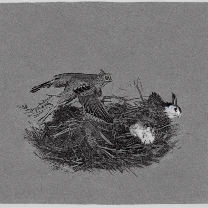 Prompt: photo of a bird of prey feeding a rabbit carcass for its offspring in the nest, very dark, soft focus bakground, motion blur, grainy, heavy newsprint raster, bad photocopy, bad print