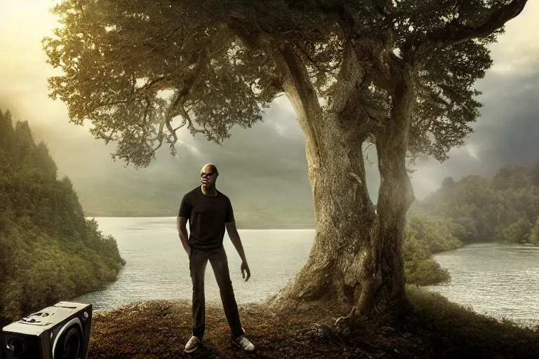 Image similar to an ultra realistic, cinematic headshot portrait, of dave chapelle, background of a vast serene landscape, with trees and rivers, detailed, deep focus, movie still, dramatic lighting, ray tracing, by michal karcz and yoshitaka amano