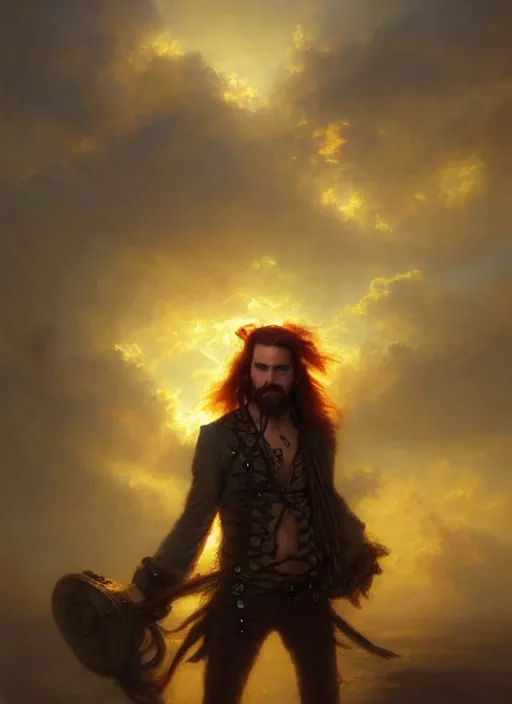 Prompt: portrait painting of a handsome rugged long hair crimson hair male pirate, soft hair steampunk ornate zeppelin in the sky sunset golden hour art by greg rutkowski gaston bussiere fantasy soft hair trending on artstation deviantart book cover art concept art key art dramatic volumetric lighting, 4 k, award winning