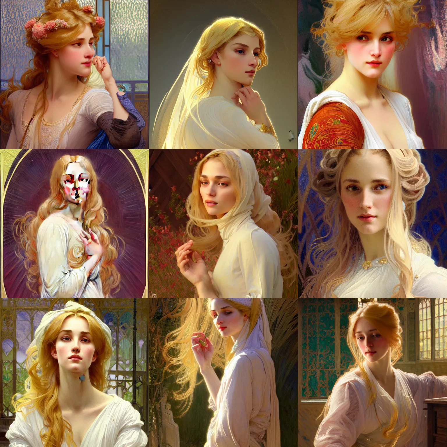 Image similar to painted portrait of a modest wife blessed by god with ever - increasing intelligence beauty and virtue. blonde, clothed holy body, light effect. feminine, powerful, in clothes! intricate, elegant, highly detailed, digital painting, artstation, concept art, smooth, sharp focus, illustration, art by gaston bussiere and alphonse mucha