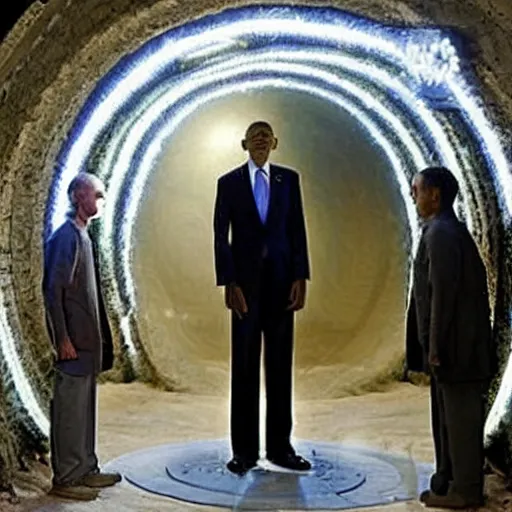 Prompt: barrack obama going through an active stargate in atlantis