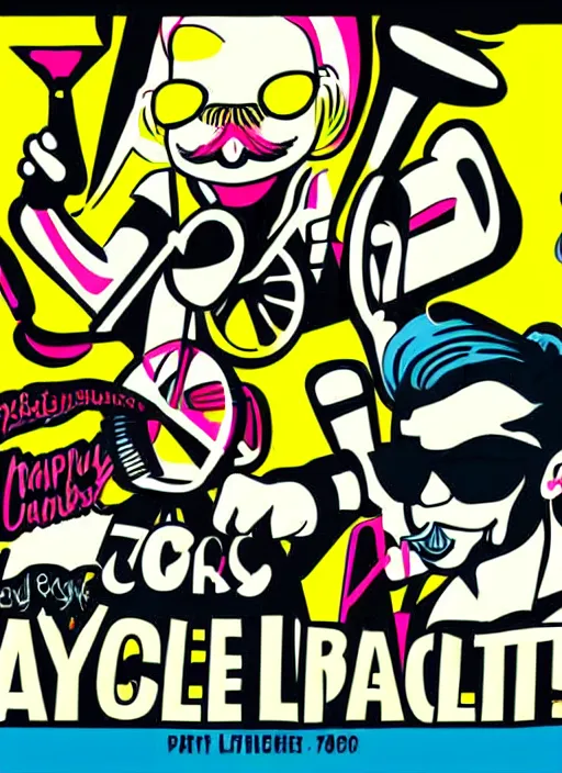 Image similar to Party poster illustration: Moustache, 40th birthday, 70s disco, jumpsuits, bicycle, Egypt in the style of Roy Lichtenstein
