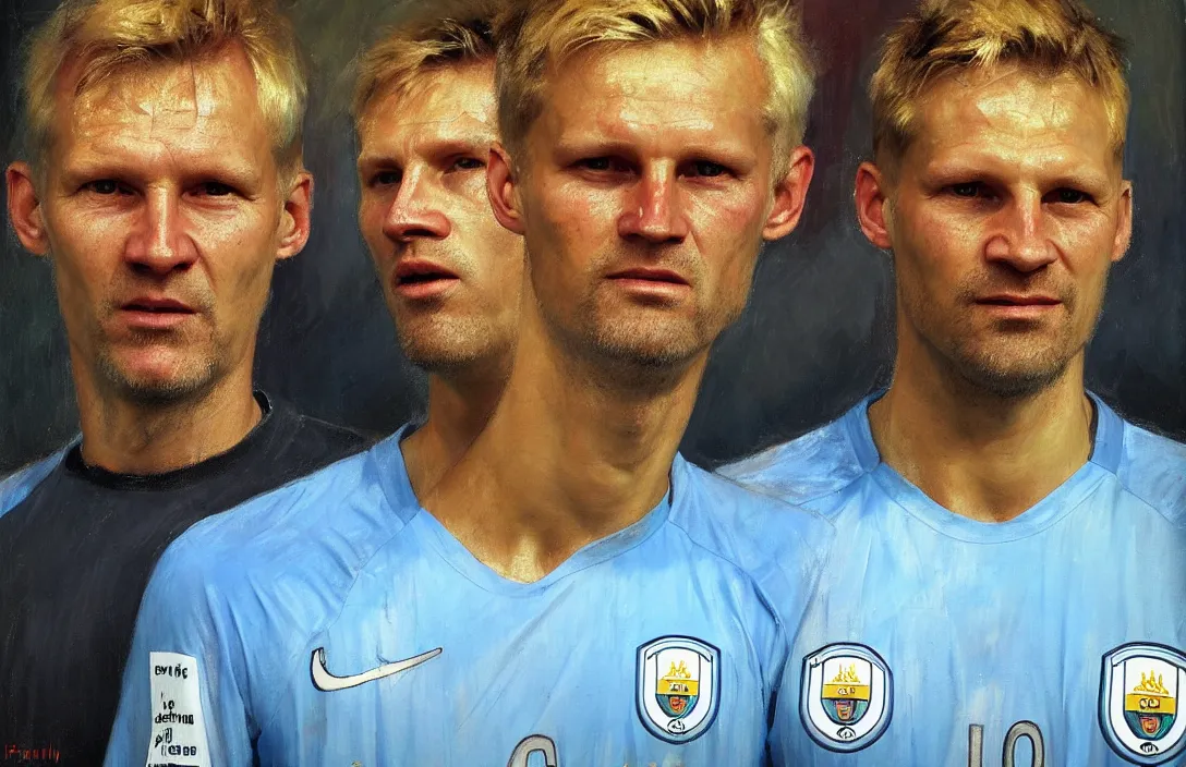 Image similar to portrait of erling haaland manchester city!!!!!!!!!!!!!!!!!!!!!!!!!!!, detailed face, detailed painting, epic lighting, by ilya repin, phil hale and kent williams