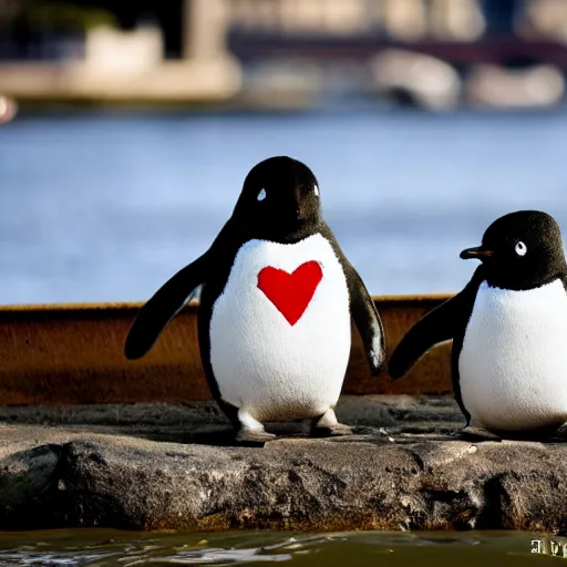 Image similar to two little penguins in a heart locket holding hands on a boat near the Seine in Paris