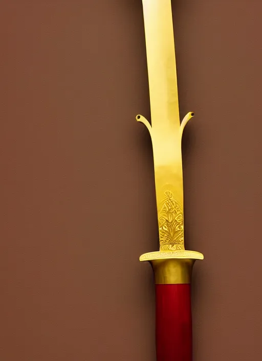 Image similar to 500mm photo of a dark red liquid blade sword with a golden handle, museum exhibit