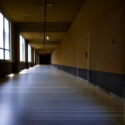 Prompt: empty school hallway, liminal space photograph