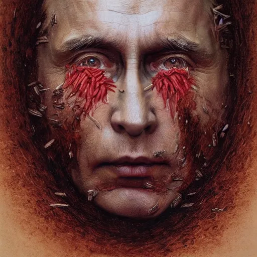 Prompt: a portrait of vladimir putin's whole face made of worms and maggots, macabre, horror, by donato giancola and greg rutkowski and wayne barlow and zdzisław beksinski, realistic face, visible face, digital art, artstation, symmetry