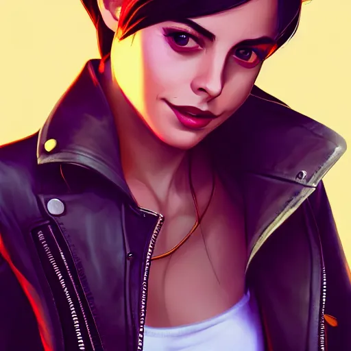 Image similar to a portrait of a beautiful willa holland as a greaser leather jacket, art by lois van baarle and loish and ross tran and rossdraws and sam yang and samdoesarts and artgerm, digital art, highly detailed, intricate, sharp focus, trending on artstation hq, deviantart, unreal engine 5, 4 k uhd image