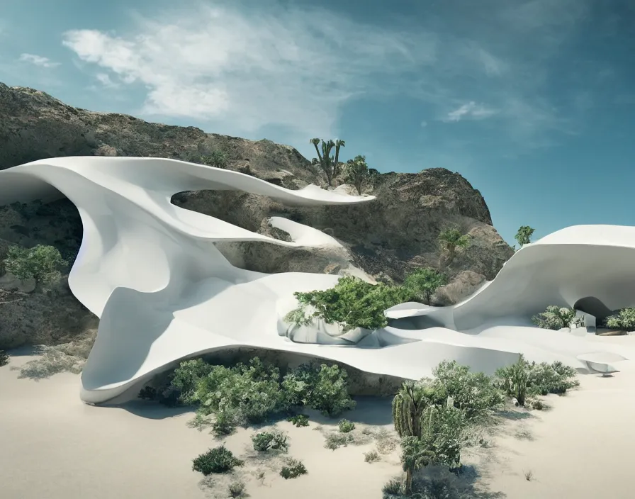 Prompt: desert, white, transitions between flying islands, minimalist architecture, stone grotto in the center, portal. zaha hadid, oscar niemeyer, architectural rendering. trending on artstation. vogue magazine. halo. octane rendering, cinematic, hyperrealism, bokeh. iridescent accents. teal gold and blue color scheme