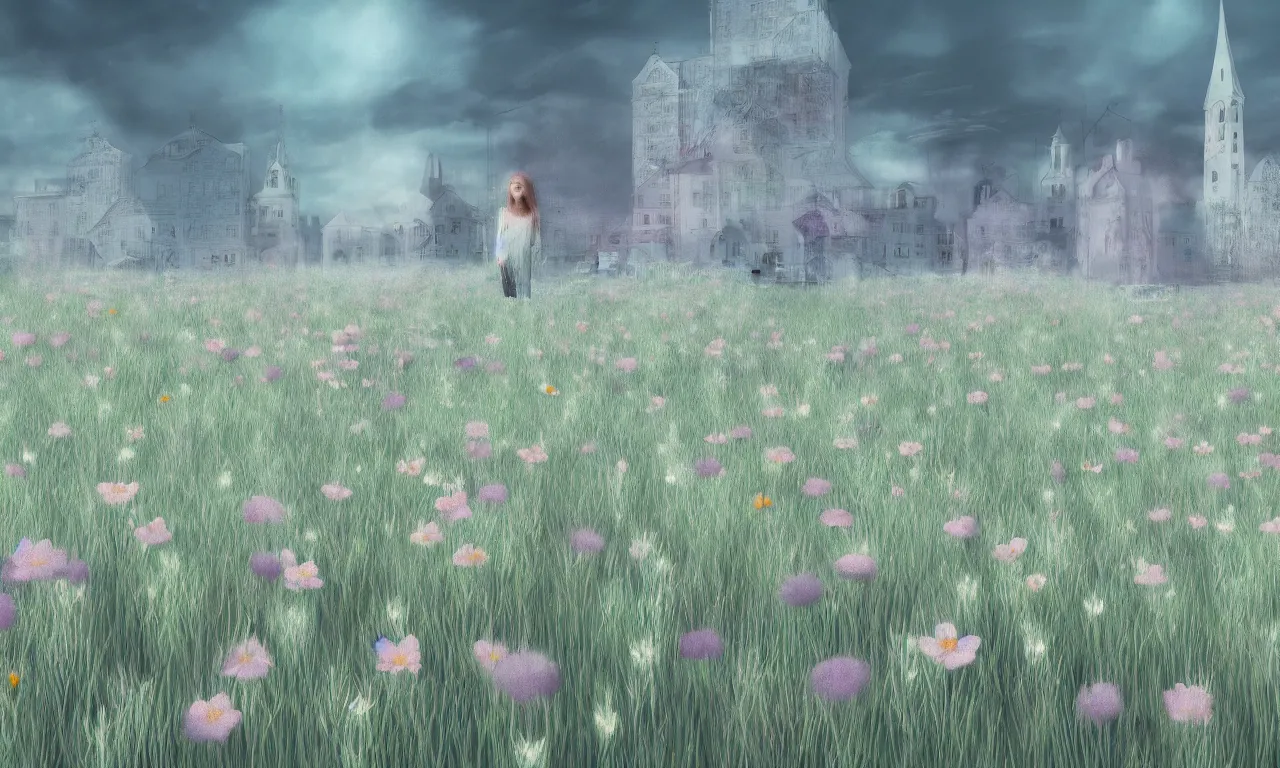 Image similar to ghosts, meadow flowers, pastel colors, nordic noire, cityscape, digital art, 3 d illustration