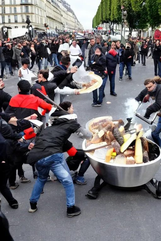 Image similar to the citizens of Paris start a riot and roll a giant fondue onto champs elysees