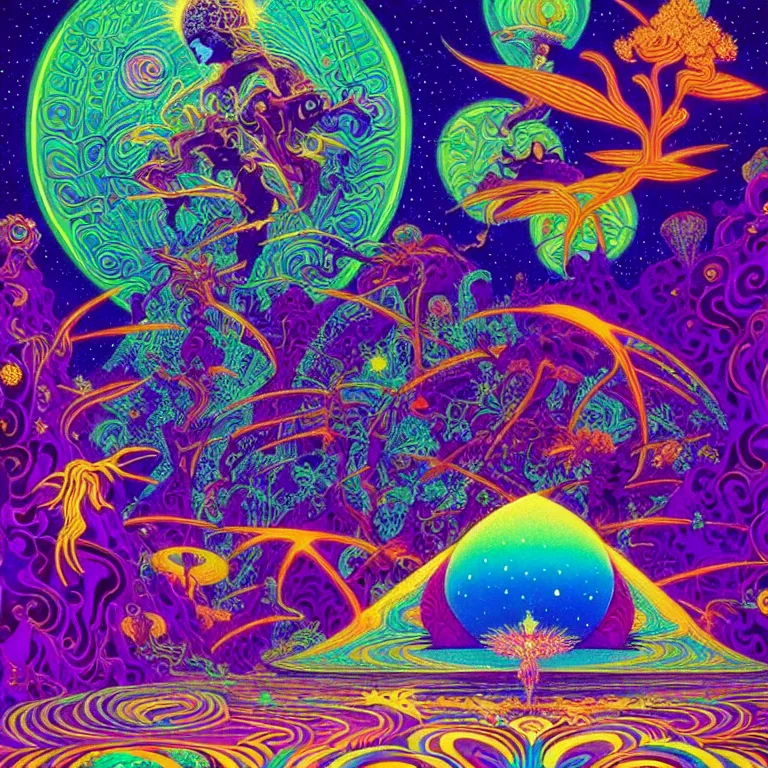 Prompt: cosmic third eye, magical crystal temple, psychedelic waves radiating, bright neon colors, highly detailed, cinematic, hiroo isono, eyvind earle, philippe druillet, roger dean, lisa frank, aubrey beardsley, ernst haeckel