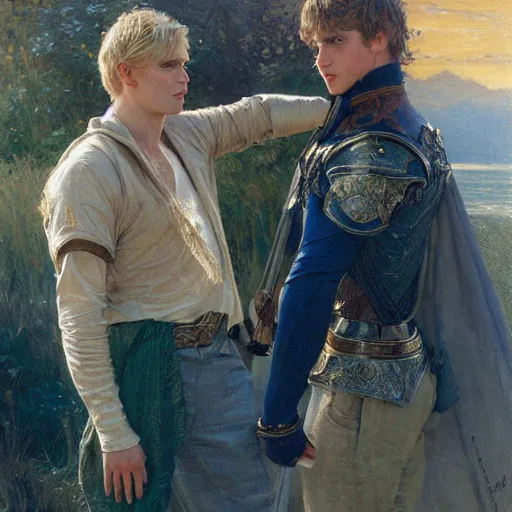 Image similar to attractive male, arthur pendragon who has blond hair confesses his love to attractive male, merlin who has dark hair. highly detailed painting by gaston bussiere, craig mullins, j. c. leyendecker 8 k