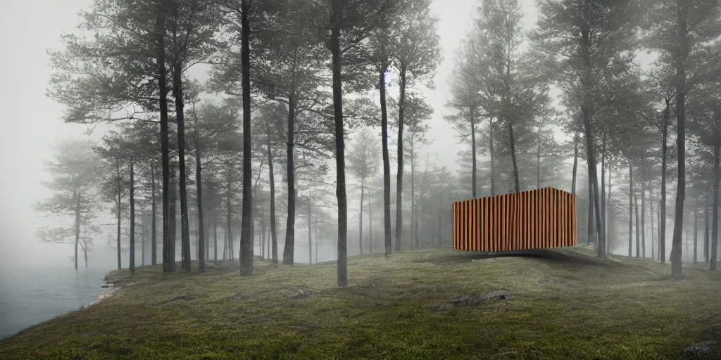 Prompt: the tiny cabin made of panels of ZINK cladding in Norvegia coast side, foggy day, hyper realistic, Future design, architecture design, foggy, organic form, foggy, environment, Cinematography, mega scans, sloped site, cinematic, hyper realistic, photo real, cinematic composition, highly detailed, vray, 8k render - H 1024