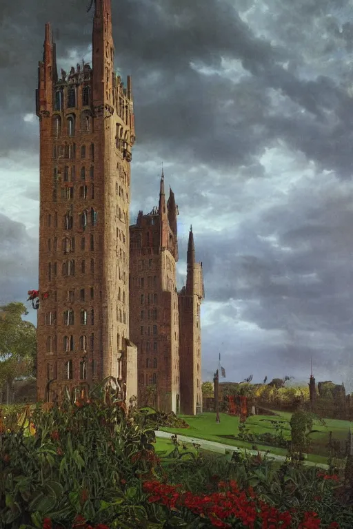 Image similar to view of the old tower and its gardens after a storm, tall windows lit up, beautiful ornamental architecture, dramatic cinematic lighting, rich colors, by Caspar David Friedrich and Diego Rivera, smooth, sharp focus, extremely detailed, featured on artstation