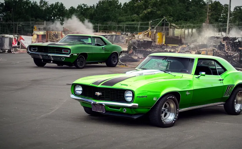 Prompt: a green 1 9 6 9 chevrolet camaro zl jumping over a fire explosion