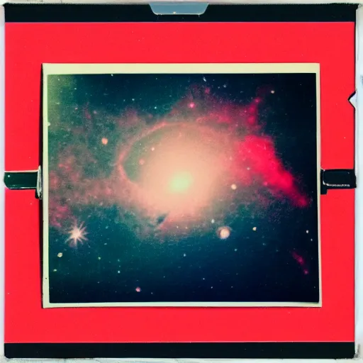 Prompt: vintage polaroid of our galaxy in deep space, detailed clouds, nebula, planets, galaxies, warm azure tones, red color bleed, film grain