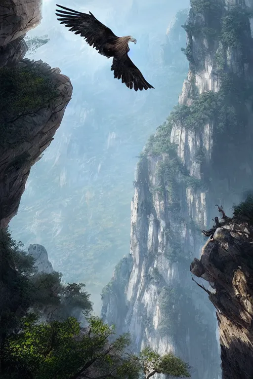 Image similar to portrait, white eagle flying over the huashan trail, dramatic lighting, cinematic, establishing shot, extremly high detail, photo realistic, cinematic lighting, post processed, concept art, artstation, matte painting, style by eddie mendoza, raphael lacoste, alex ross