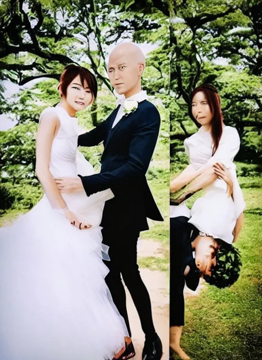 Image similar to saitama one punch man instagram couple's wedding photo shoot, closeup photo