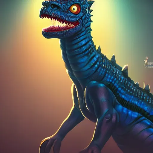 Image similar to portrait of an antropomorphic dilophosaurus creature, reptile face, dark blue scales, angry look, ready for battle, mattepainting concept blizzard pixar maya engine on cold night stylized background splash comics global illumination lighting artstation lois van baarle, ilya kuvshinov, rossdraws