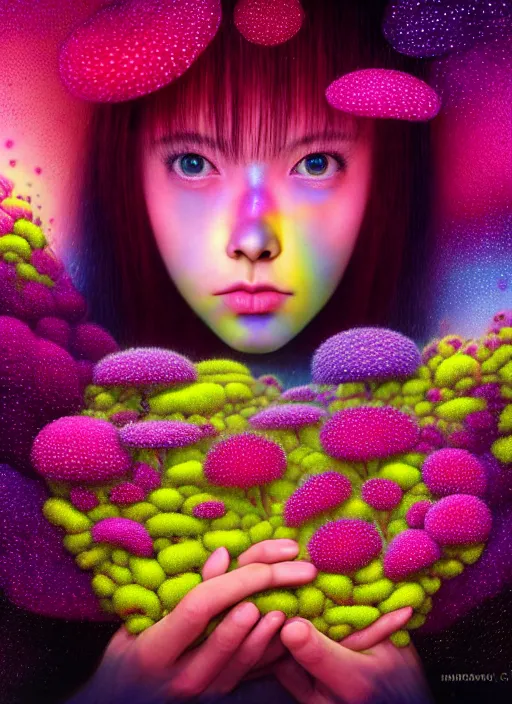 Image similar to hyper detailed 3d render like a Oil painting - kawaii Aurora (Singer) seen Eating of the Strangling network of colorful yellowcake and aerochrome and milky Fruit and Her delicate Hands hold of gossamer polyp blossoms bring iridescent fungal flowers whose spores black the foolish stars by Jacek Yerka, Mariusz Lewandowski, Houdini algorithmic generative render, Abstract brush strokes, Masterpiece, Edward Hopper and James Gilleard, Zdzislaw Beksinski, Mark Ryden, Wolfgang Lettl, Dan Hiller, hints of Yayoi Kasuma, octane render, 8k