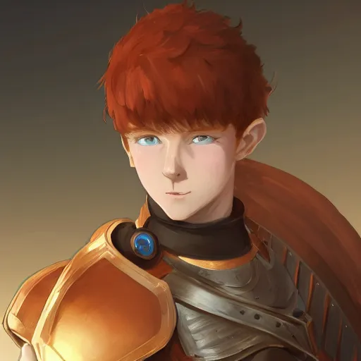 Image similar to portrait of a young redheaded boy with blue eyes and wearing armor, medieval background, highly detailed, digital painting, artstation, matte, by makoto shinkai, animation style, studio ghibli, anime key visual