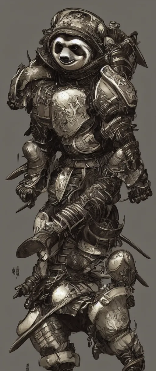 Image similar to graphic, hyperreal illustration of anthropomorphic sloth in traditional samurai armor : : digital art, concept art, character development : : illustrated by artgerm, yoji shinkawa, scott buoncristiano, nychos