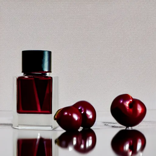 Image similar to perfume bottle and artistic dark red cherries, softly - lit, realistic, up close shot, white background, zen, light, modern minimalist f 2 0