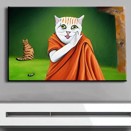 Image similar to canvas painting of cat monk cartoon, front view, eyes closed, omm