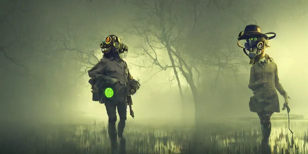 Image similar to a beautifully strange image of a gamekeeper wearing a dieselpunk mechanical fluorescent mystical animal mask. walking in the misty, dangerous river. award winning. dramatic. trending on artstation. high quality. fornite style. rendered by beeple, by makoto shinkai, syd meade, digital art, unreal engine 5, octane render