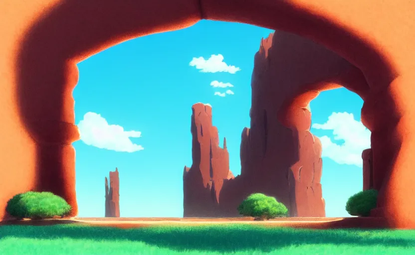 Image similar to a cell - shaded studio ghibli concept art study of a square dimensional portal doorway in monument valley. water is flowing out of the portal. very dull colors, hd, 4 k, hq