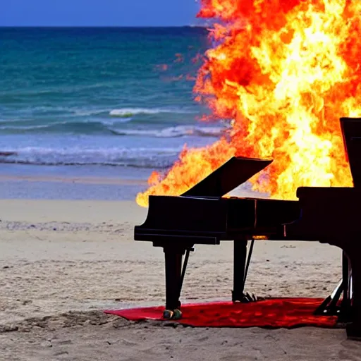 Image similar to pianist on fire playing in the beach