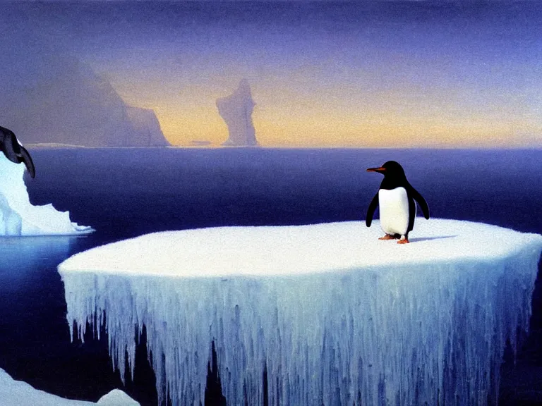 Image similar to an oil painting of a penguin playing in pure white snow on an iceberg in a serene ocean at dusk. aurora. by beksinski tuomas korpi moebius and carl spitzweg. baroque elements. intricate artwork by caravaggio. oil painting. oil on canvas. award winning. dramatic. trending on artstation. 8 k