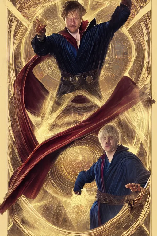 Image similar to Boris Johnson as Doctor Strange, portrait, Sanctum Sanctorum, highly detailed, digital painting, artstation, concept art, smooth, sharp focus, illustration, cinematic lighting, art by artgerm and greg rutkowski and alphonse mucha