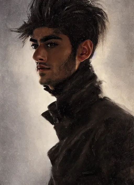 Image similar to head and shoulders portrait painting of young man who looks like zayn malik as an elf by jeremy mann, wearing leather napoleonic military style jacket, only one head single portrait, pointy ears, black background, soft top lighting, dark and moody, shadowed, contrast