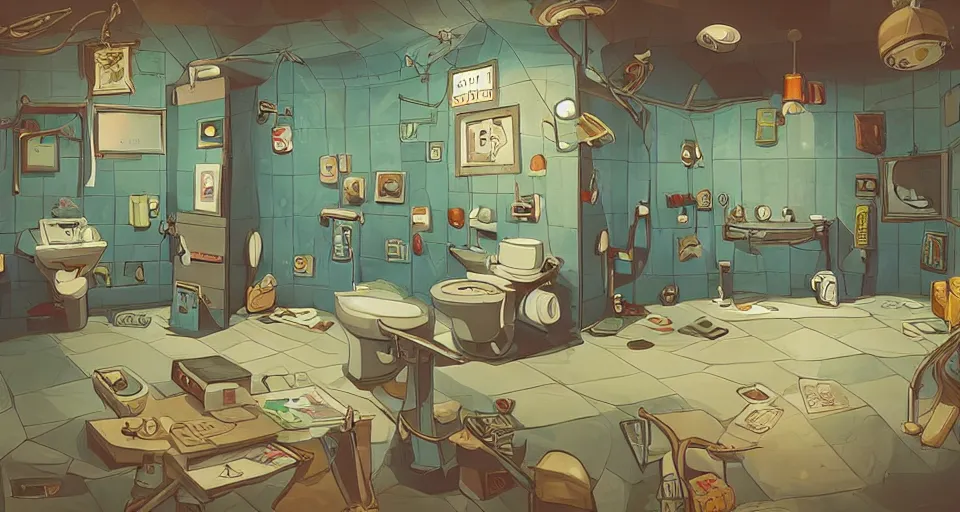 Prompt: A beautiful artwork illustration, a videogame level in a small toilet-themed museum escape room, featured on artstation, wide angle, horizontal orientation