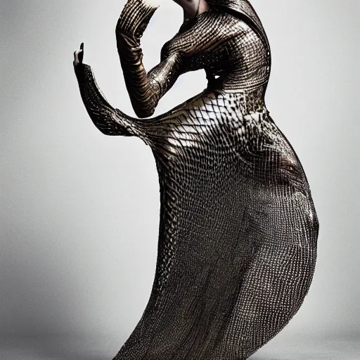 Image similar to a beautiful male dancer wearing iris van herpen couture, photographed by erwin olaf for vogue