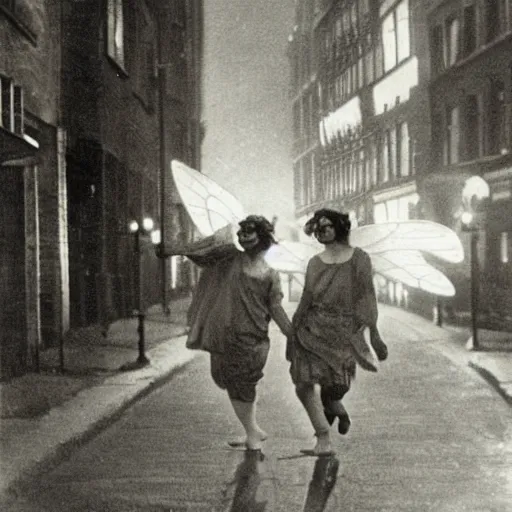 Prompt: a historical old photograph of two fairies flying through a street in brooklyn in the roaring twenties, amazing, in the evening, lights, romantic
