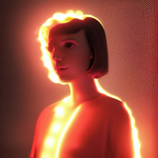 Image similar to Millie Bobby Brown made of fire, octane render