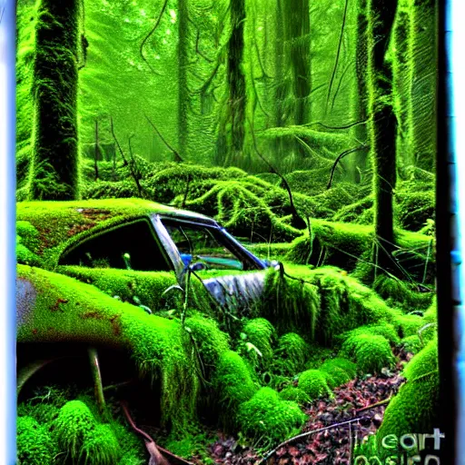 Image similar to a junk yard in the forest, overgrown with moss and ivy, detailed, realistic digital art,