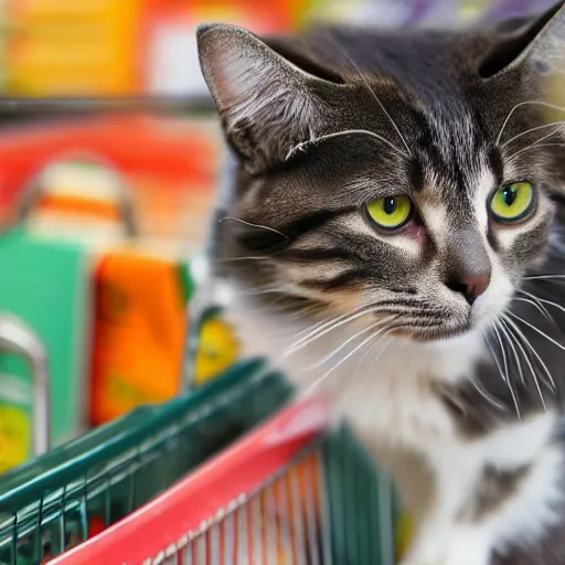 Image similar to a cat shopping for groceries at a supermarket, photorealistic, high detail