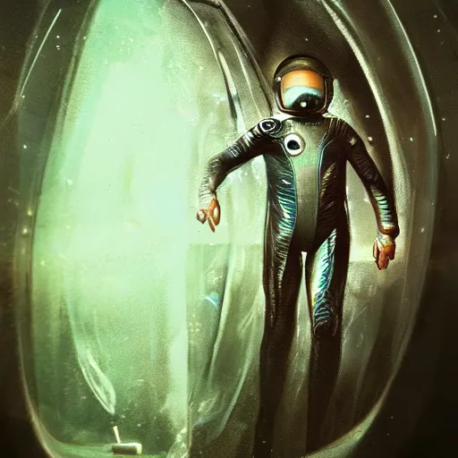 Image similar to concept art by david cronenberg in the dark underwater diver astronaut underwater futuristic dark and empty spaceship. complex technical suit design. reflection material. rays and dispersion of light breaking through the deep water. trend artstation, 3 5 mm, f / 3 2