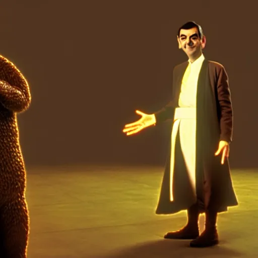 Image similar to mr. bean as jarjar binks from star wars. movie still. cinematic lighting.